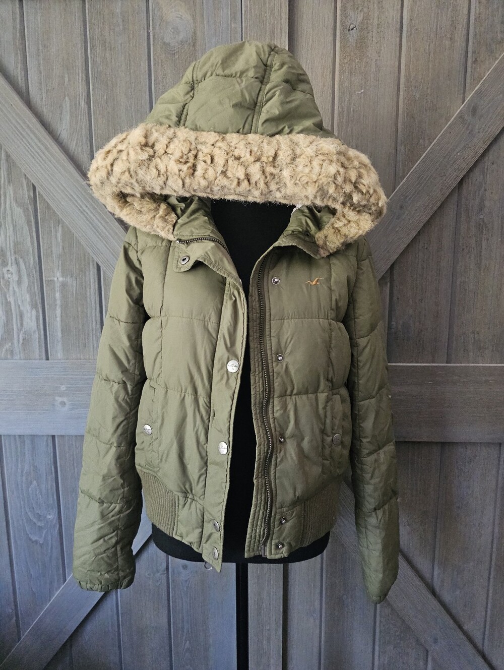 Hollister Olive Green Puffer Jacket with Faux Fur Hood Trim
